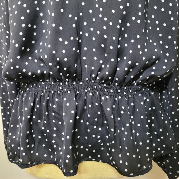 Ellen Tracy Women's Black Polka Dot Smocked Waist Blouse Top Scoop Neck Large - Picture 5 of 10